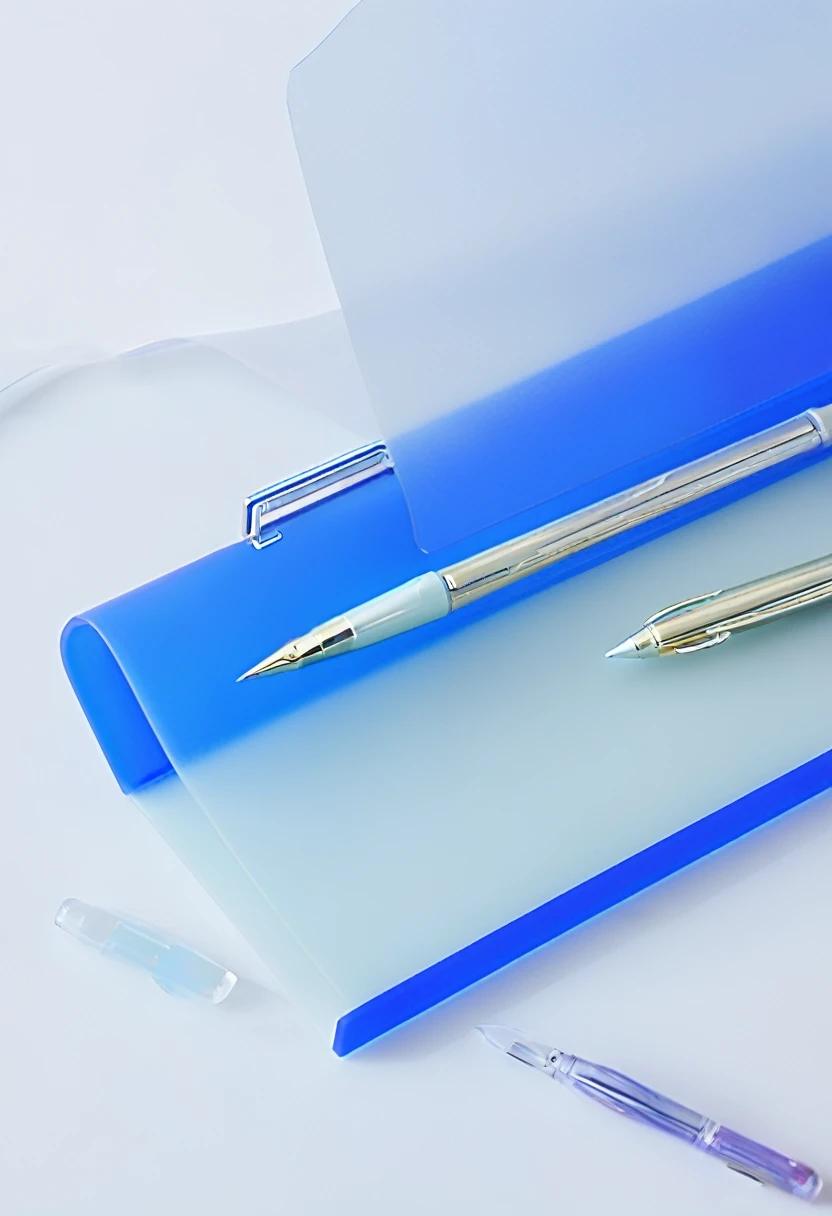 folder,Pen,Pen在folder右侧,folder是白色的,Pen是蓝色的,Frosted glass,B-side,Textured,detail,