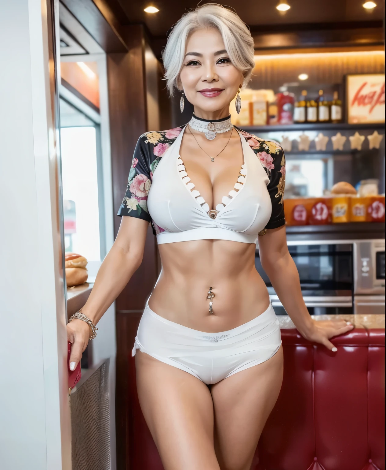 75 years old mom milf Chinese Lady large earring Big choker navel piercing decoration A bracelet Silver Hair realisitic Gorgeous Madame Beautiful Mature Woman sexly Smile Gentle woman navel piercing 4K High quality hamburger shop Cola Counter kitchen Gorgeous Madame Beautiful Mature Woman Beautiful feet