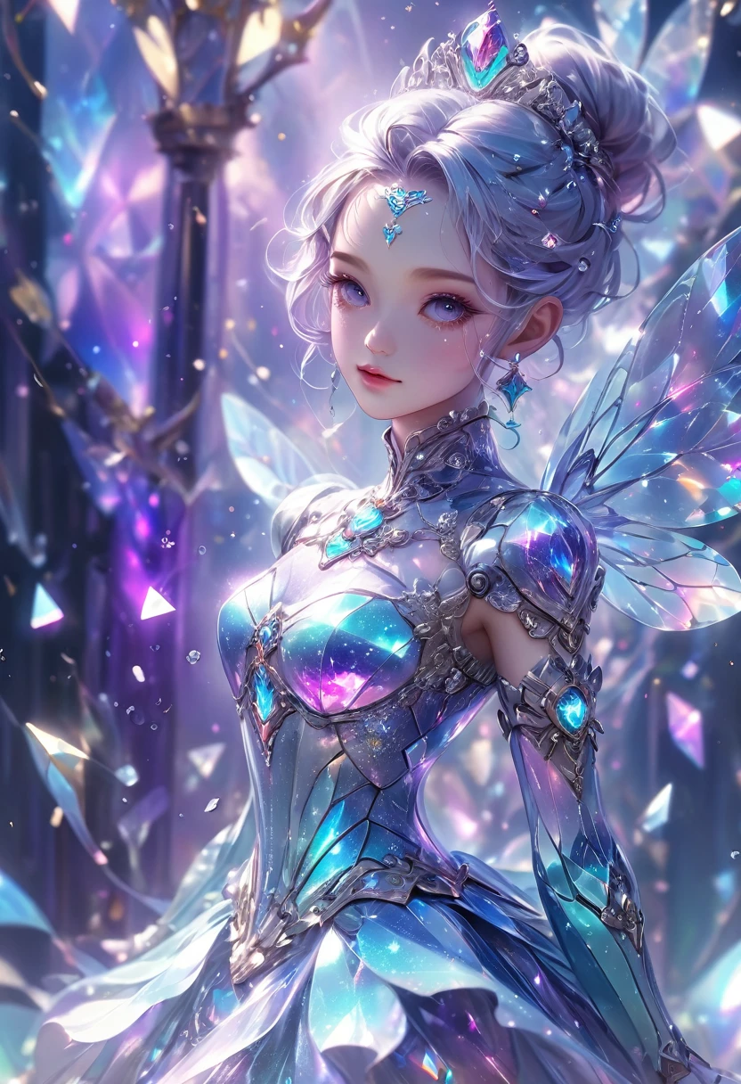crystal covered, (Full body :1.3), alternate color, masterpiece, detailed illustration, realistic, pixiv top quality, exquisite, {{{kawaii 1girl}}}, ultra beauties who fuse with machines, glitter beautiful female, Half of my body is made of machines, cinematic lighting, dynamic angle, dynamic pose, crystal world, depth of field,Shiny socks,Crystal stockings,Crystal high heels