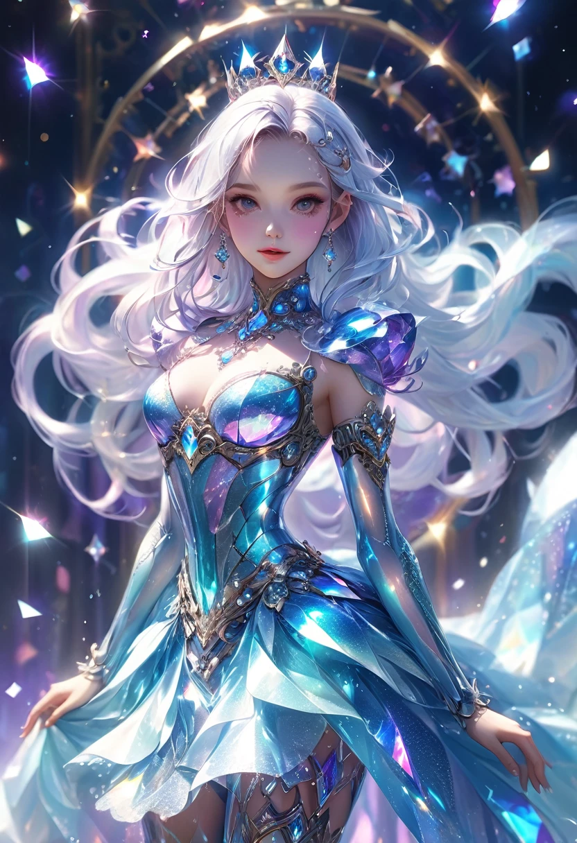 crystal covered, (Full body :1.3), alternate color, masterpiece, detailed illustration, realistic, pixiv top quality, exquisite, {{{kawaii 1girl}}}, ultra beauties who fuse with machines, glitter beautiful female, Half of my body is made of machines, cinematic lighting, dynamic angle, dynamic pose, crystal world, depth of field,Shiny socks,Crystal stockings,Crystal high heels