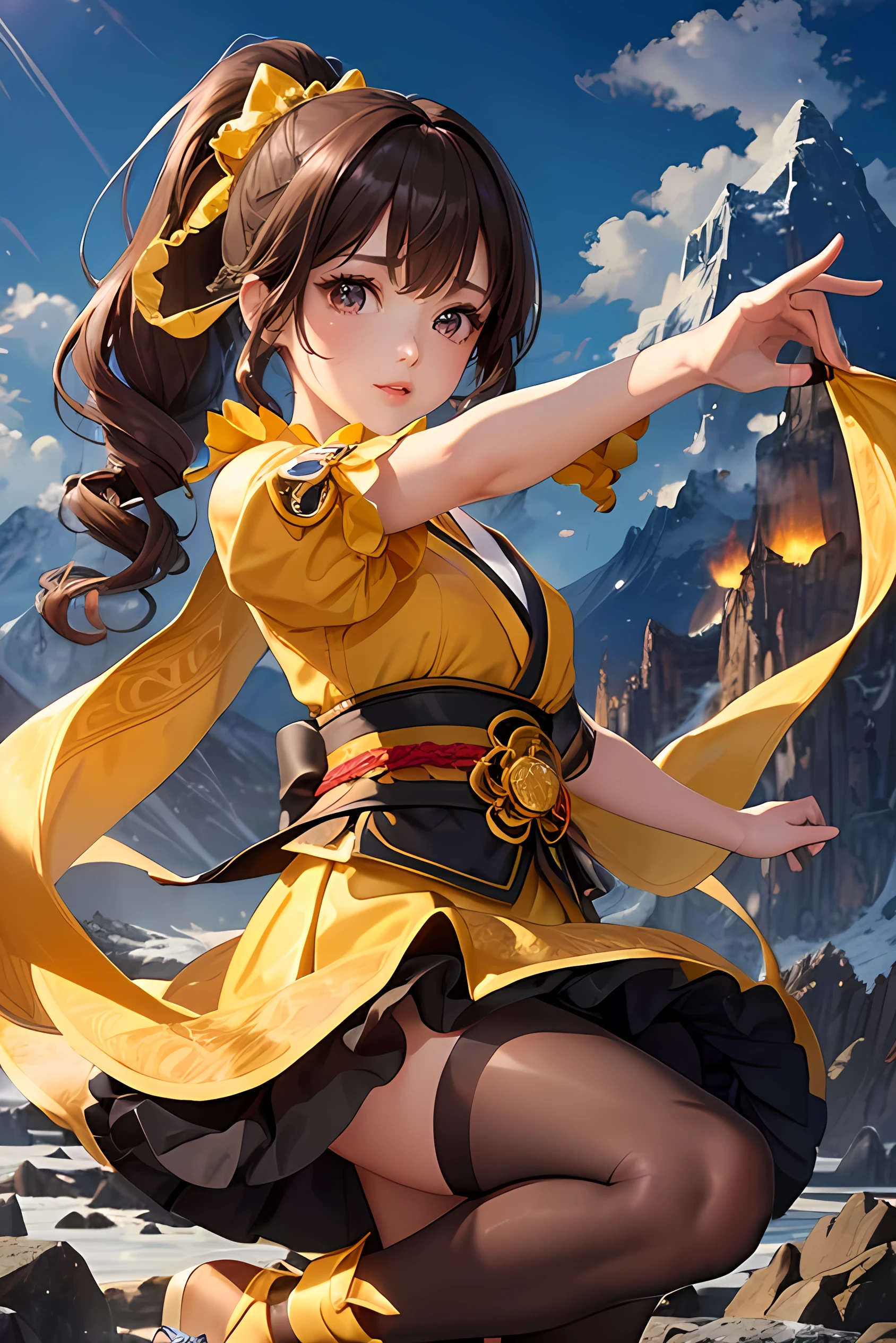 (Highest quality、Highest quality、Masterpiece、Very delicate、Very detailed、Exquisite、16K、Full HD)、1 female、(Chiori、Genshin Impact)、(Yellow mini skirt flare dress、Japanese style、ribbon、Black frills、Black patterned tights)、Perfect body line、Glowing Skin、(Groomed eyebrows、Pink Lips、Brown eyes、Fished out eyes、Detailed eyes)、(Brown Hair、Curly ponytail、Shiny Hair)、Dynamic Pose、Spotlight、(cloud、null、Mountain top、gem)