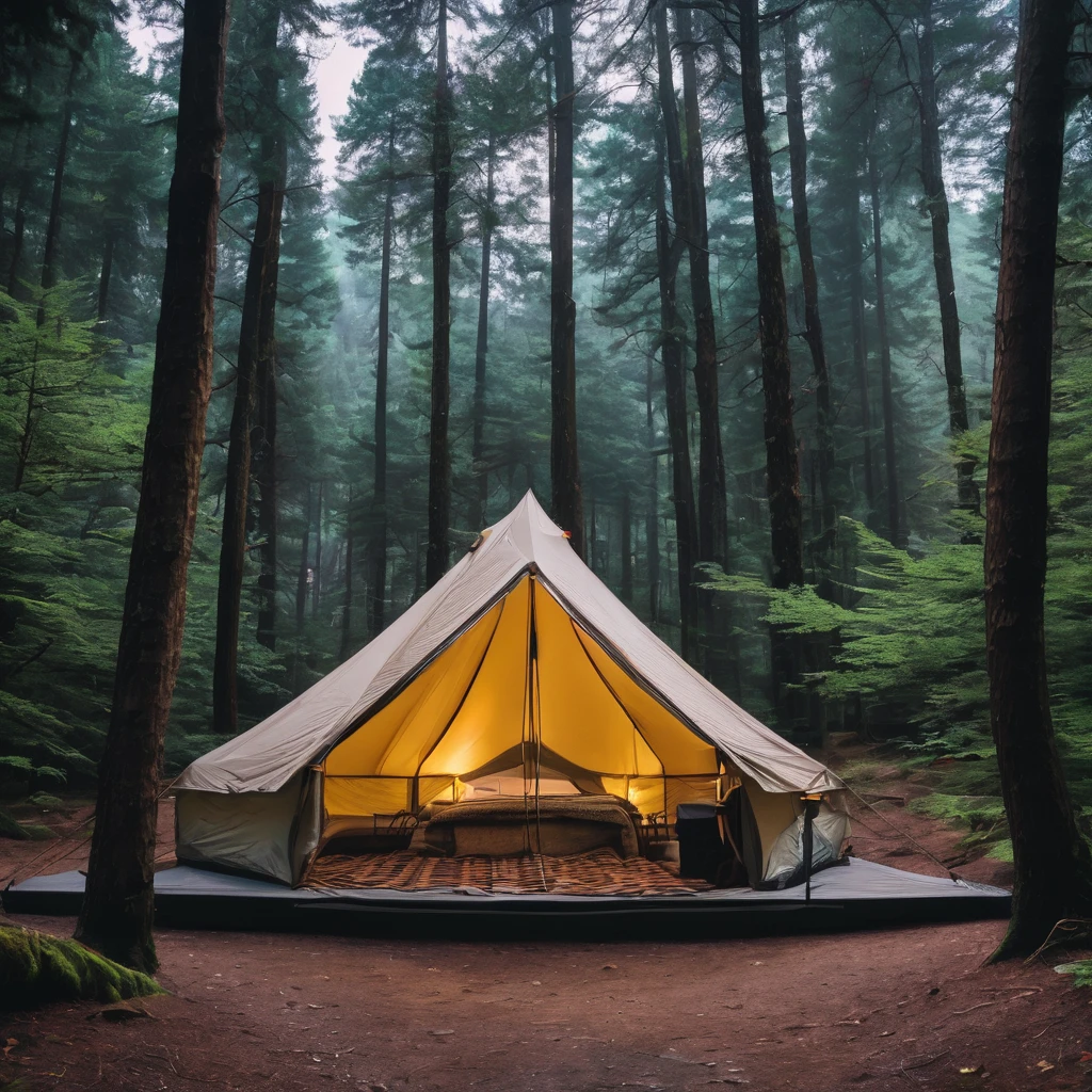 ((Perfect hourglass figure)) ((masterpiece)) perfect face close up of Velma Dinkley nude standing on a sleeping bag in a forest, a tent and campfire in the background, seductive grin, seductive lustful gaze, view from behind