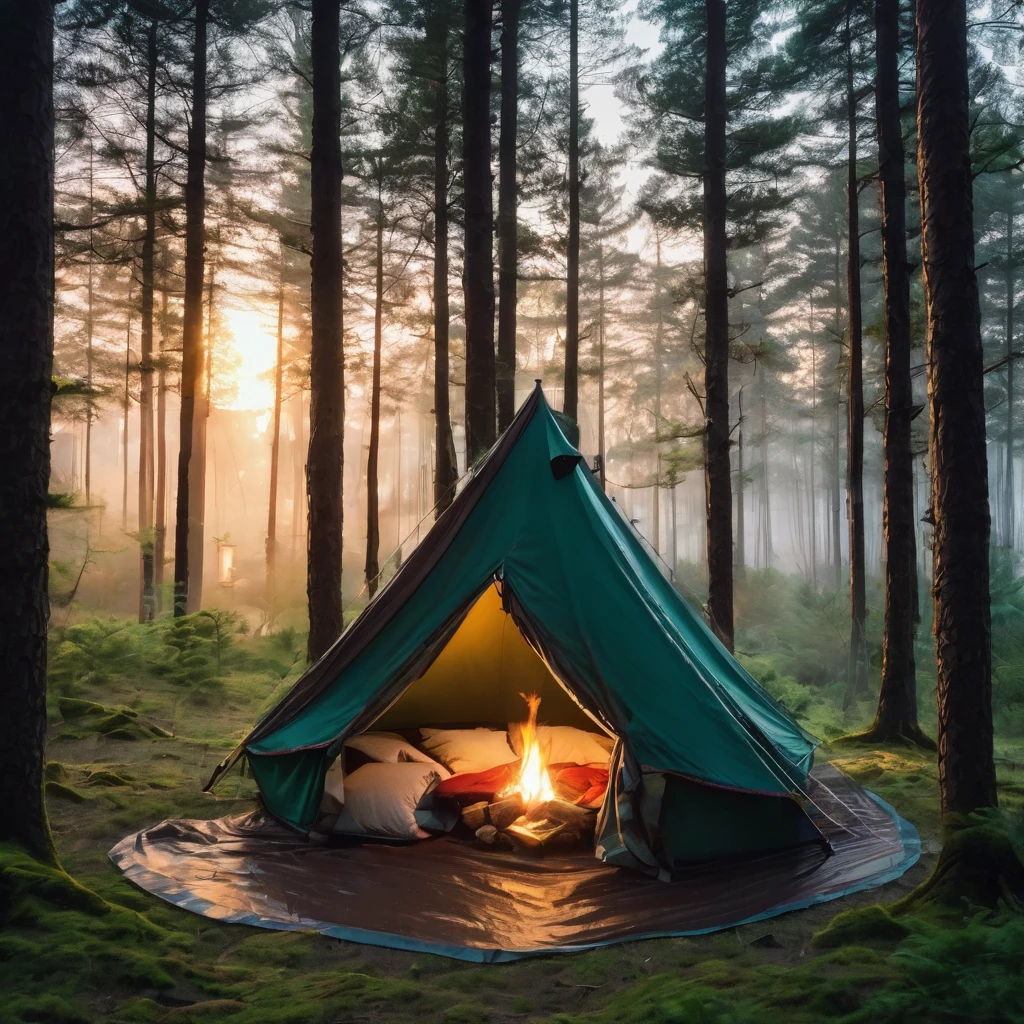 there is a tent in the woods with a blanket on it, nestled in a forest, tent, camping, tent architecture, forest picnic, forest setting, sitting in the forrest, encampment, camp, adventuring gear, in the middle of a forest, in woods, in serene forest setting, in forest, evening!! in the forest, shelter
