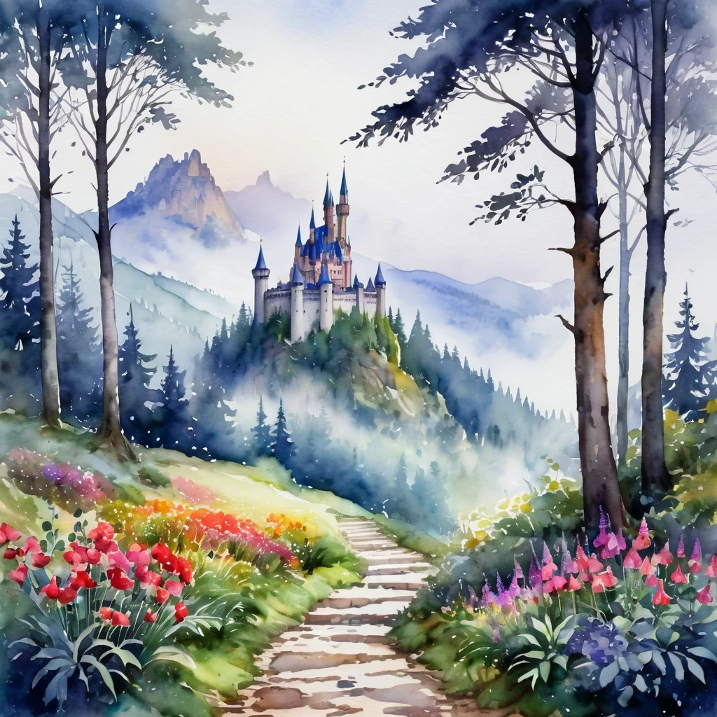 picture of small path in the misty dark tall tree forest leading to distant holy and magical forest, (watercolor), the ground is rich of vibrant colorful flower, wet on wet, loose watercolor, with mystical mountain landscape on the background, ultra high resolution, 8k , there is a gothic horror style castle on the background on top of the mountain, isolated, surrounded with with solid white background, #Slider, ((lora:add-detail-xl:2))