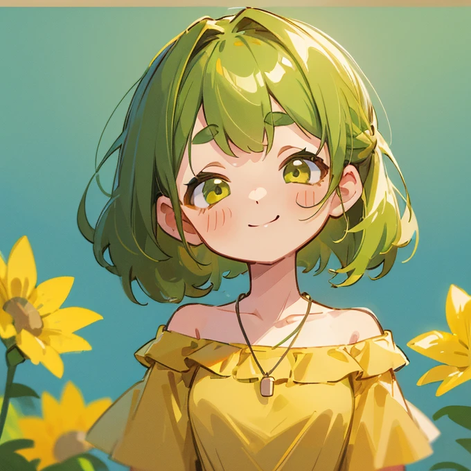 (masterpiece, Highest quality:1.2), (2 head body chibi character:1.1), Yellow-green hair, Chignon Hair, Top of the head, Yellow-green eyes, Yellow off-shoulder blouse, Denim shorts, Short bangs, Thick eyebrows, Round necklace, A gentle atmosphere, Sleepy face, Rubbing eyes, smile, View your viewers, (Photo studio with blue background:1.0)