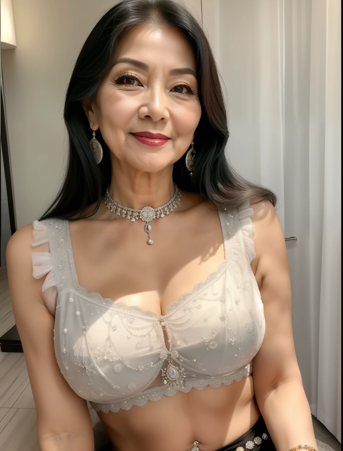 75 years old mom milf Korean, Lady large earring Big choker navel piercing decoration A bracelet Silver Hair realisitic Gorgeous Madame Beautiful Mature Woman sexly Smile Gentle woman navel piercing 4K High quality shopping mall shopping Gorgeous Madame Beautiful Mature Woman
