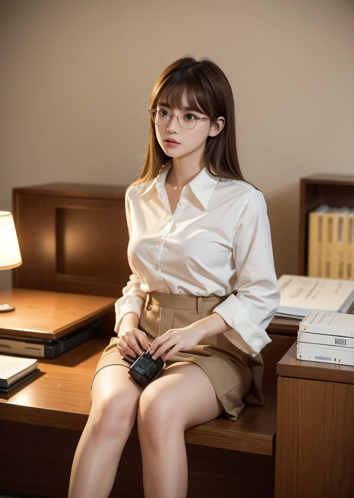 (Realisticな, photo-Realisticな:1.37),(8K, RAW Photos, 最high quality, masterpiece:1.2), Ultra-detailed, 超High resolution, Kodak Vision Color, Filmed with an Arricam LT camera,最high quality, Lively, 8K, High resolution, 1 female, Japanese、Escape, (Professional Lighting), (Portraiture:0.6), Has bangs、Brown Hair, (Medium Hair),23 years old、(masterpiece), (Very complicated:1.3), (Realistic),high quality,High resolution,16K,Sharp Lines,One girl,office、Glasses、Company uniform、I'm working、office街、With documents、President's Secretary、Glassesをかけて、smile、都会のoffice、building、conference room、presentation、officeチェアに座って、Wearing a suit、laugh、Drinking coffee、Creating materials、Working on a laptop、Mini tight skirt、White blouse、Businesswoman、