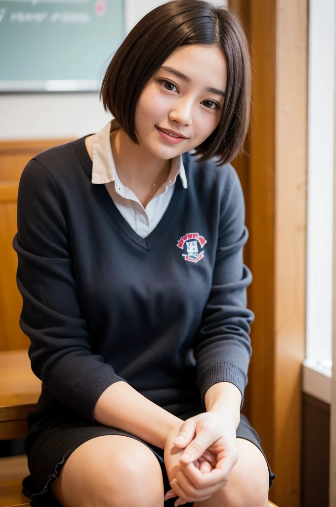 Highest quality, One beautiful woman, Super Short Hair, Black Hair, , A shy smile, sunlight, uniform、high school student、shopping