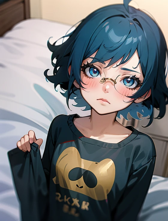 young girl, young girl with  short hair, light blue hair stroke, glasses, golden eyes, young girl on bed, wearing a black pajama, frown, blush, lying on bed, holding chest, solo girl, dark blue hair, wavy short hair, tousled hair, solo girl, girl focus, 1girl, flat girl,