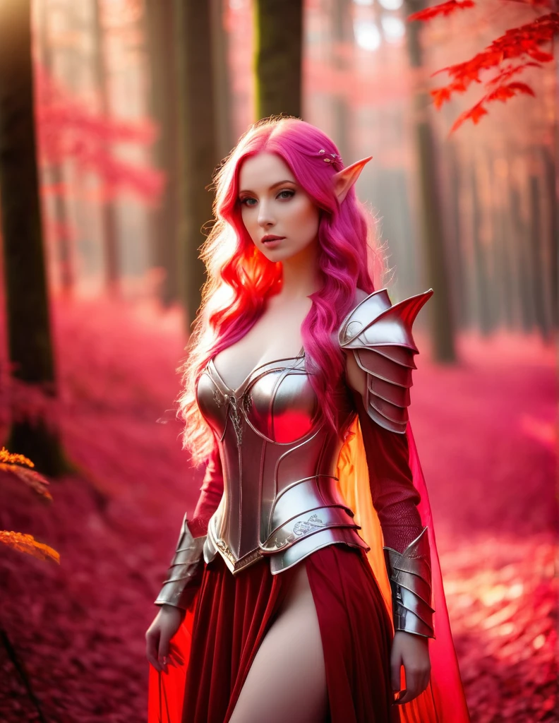 very attractive 25 year old girl with long wavy bright pink hair, masterpiece, a beautiful elf, (delicate transparent armor), (medium breasts), (perfect body), outside, (Skin texture:1.1), best quality, ultra high resolution, RAW-Foto, Nikon D850, Contre-Jour, rim light, bright sunlight, film grain:1.2, (warm hue, warmer Ton:1.2), (color photo), Fantasy, in a red dream world, red forest, in a red forest, amazing depth, red mood in background, shades of red, photography