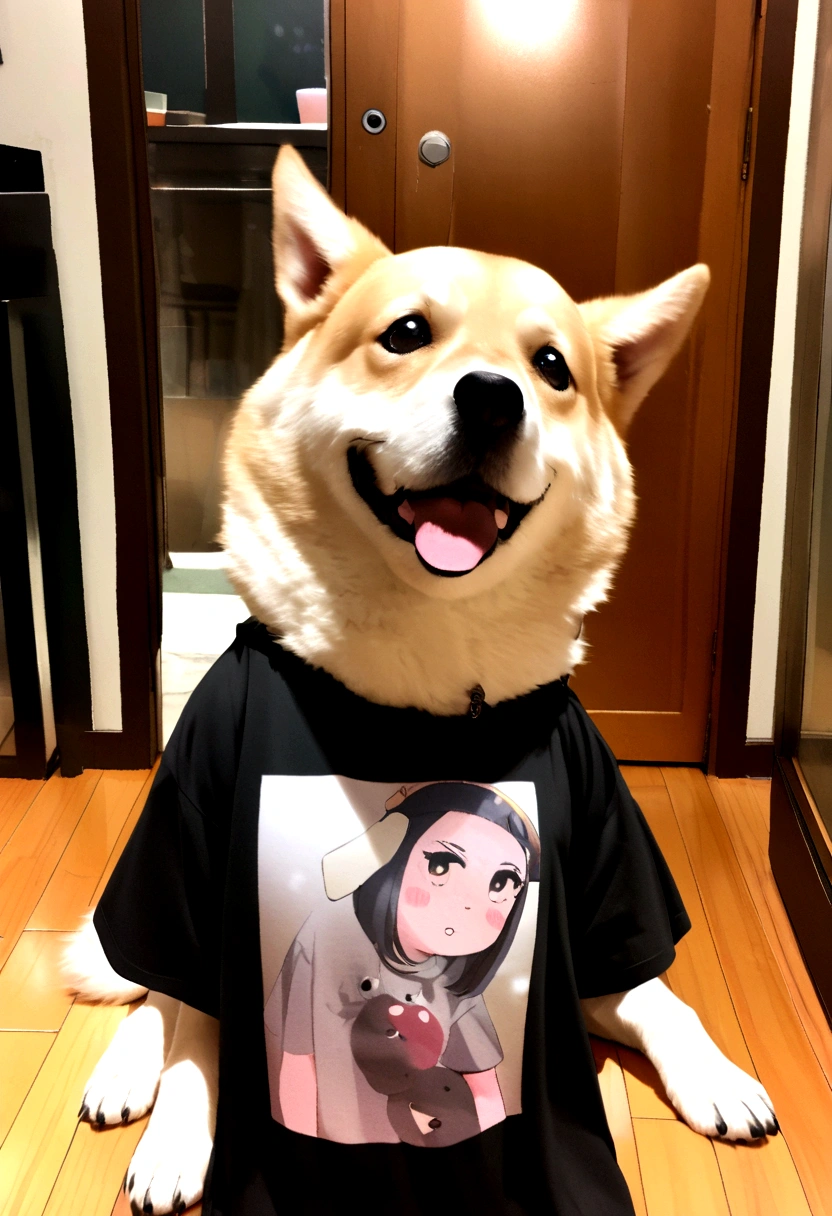 A photo of a dog character wearing a cool T-shirt、Real