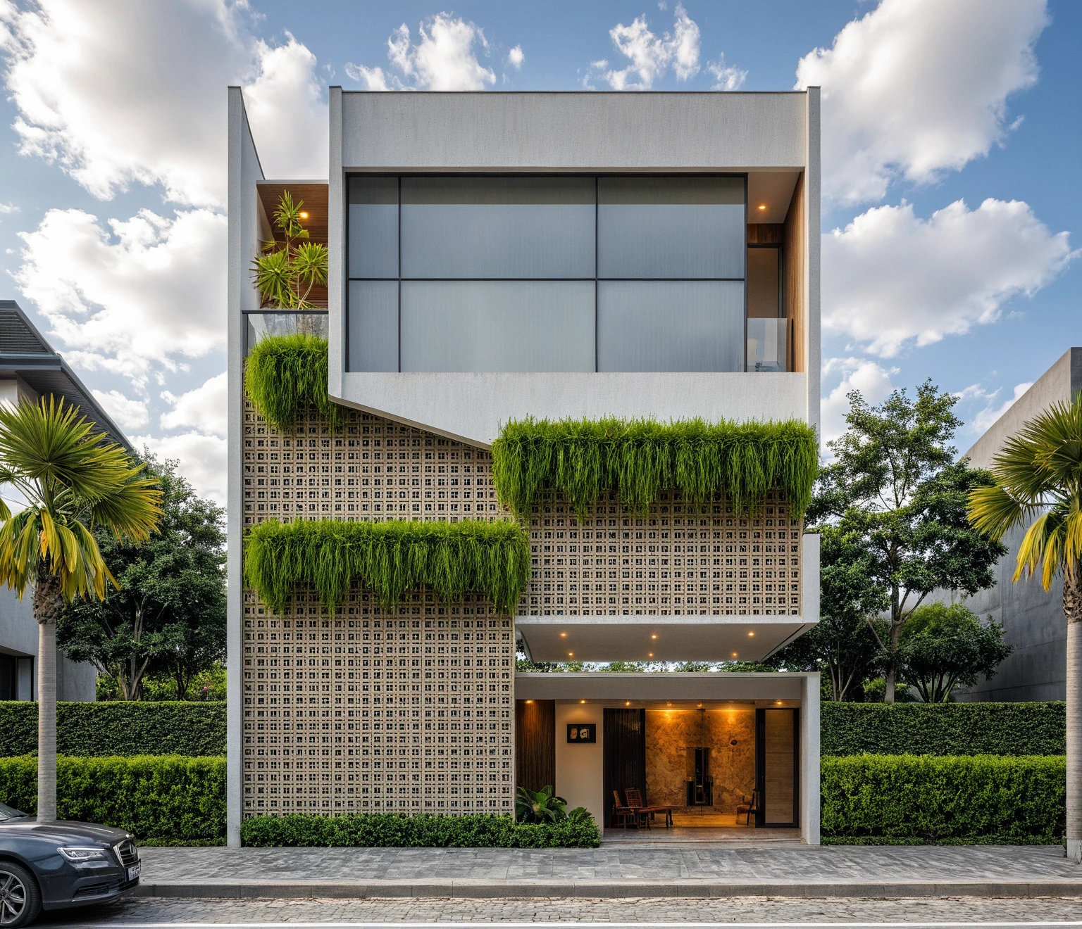 Masterpiece, high quality, best quality, authentic, super detail, outdoors, onestoreyvillaXL, aiaigroup, house style modern on the street ,stairs, white wall ,road,pavement, grass, trees, sky, cloud, (daylight:1.1)