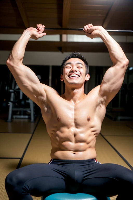 Japanese men、A strong body trained at the gym、Anatomically correct body、Sitting with legs wide apart and smiling、Relaxed atmosphere、The whole body is visible、He is looking up with his hands behind his head、He's showing off some cool light grey boxer briefs that are tight and showy, and are pretty revealing.、in narrow bathroom、Very short, cropped black hair、A young and handsome man who looks quite young