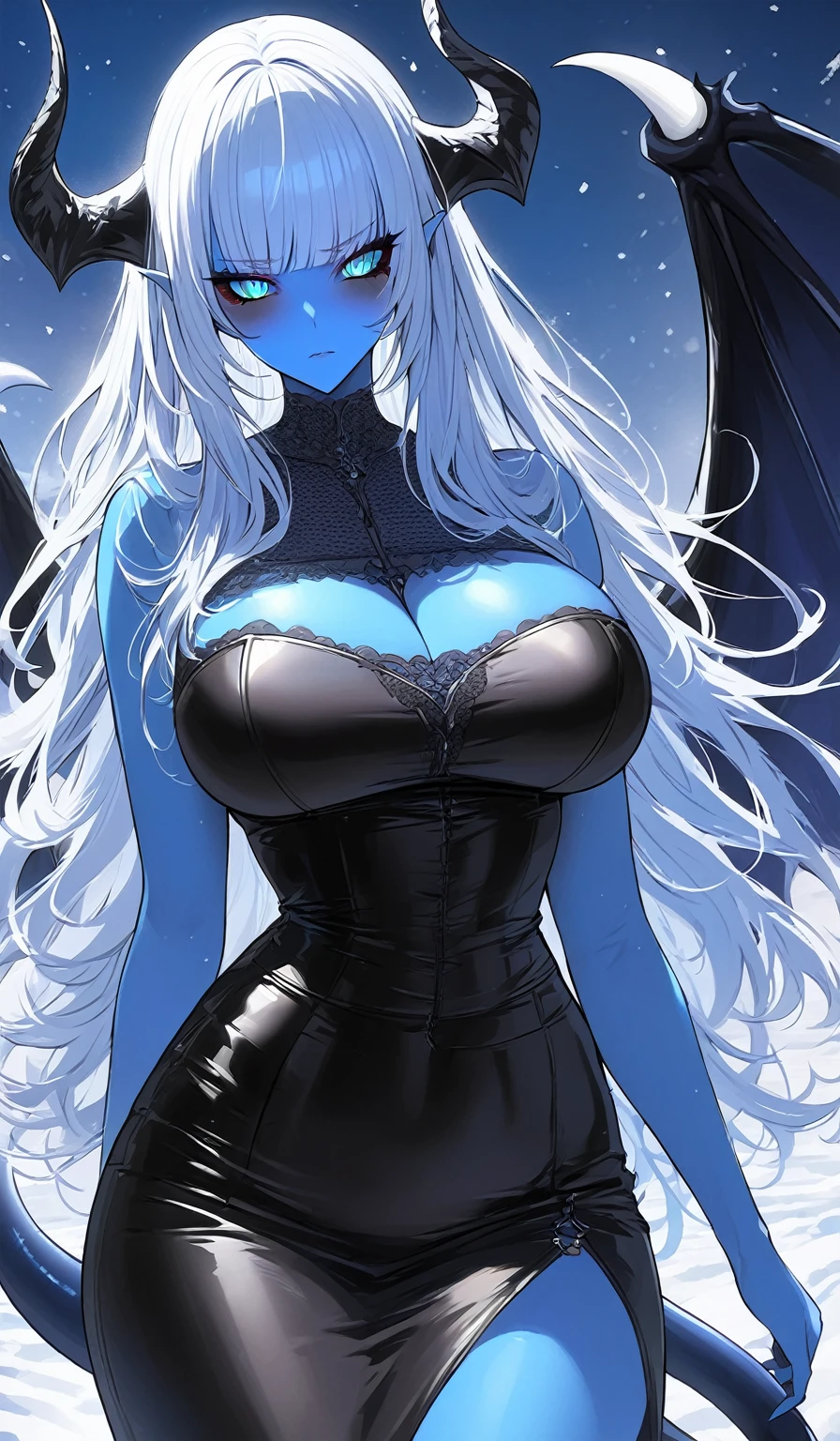 Masterpiece, very detailed, ultra detailed, one, (1 female succubus), She is in a Gothic black leather dress, in the style of a milf, mature mother, with blue skin color, long white hair and straight bangs, thin icy demonic horns, thin icy long and sharp tail, beautiful, charming, eyes - icy blue (blue) irises and black sclera, elegant, big breasts, serious face, neutral face, charming, on the background and around her huge snow ice and cold