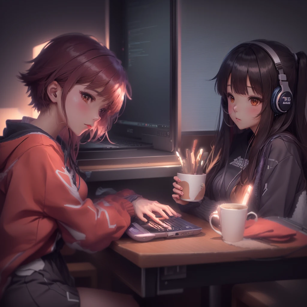 Anime girl sitting at a desk with a laptop and a cup of coffee, 4k anime wallpaper, anime art wallpaper 4k, anime art wallpaper 4k, anime wallpaper 4k, anime wallpaper 4k, Anime Art Wallpapers 8K, Anime Style 4k, Anime Aesthetics, Lo-fi art style, Lo-fi Girl, Anime Background, Anime Girl Desktop Backgrounds, headphone, Loungewear