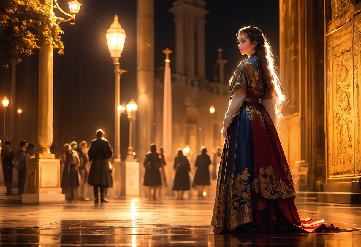 (((zoom out))),8K,((Highest quality)),((high-res)),((shot from behind)),night,She stands front of an historical world, ,soft focus,thank you!