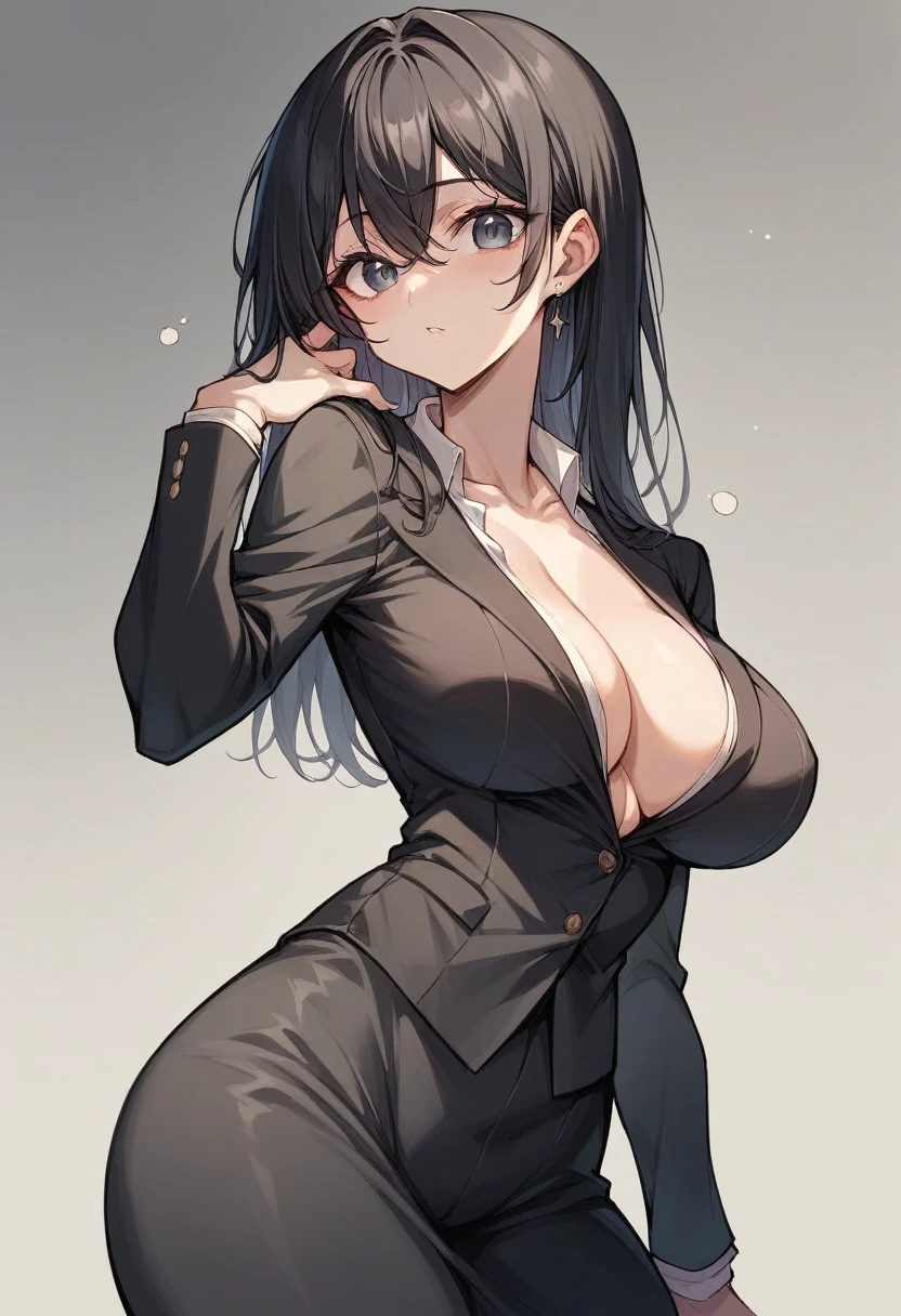 Beautiful woman with long black hair、Black suit、Big Breasts、Big butt 、Big eyes、tall
