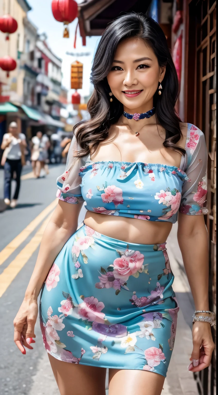 Floral summer dress　75 years old　mom　milf　Chinese Lady　large earring　Big choker　navel piercing decoration　A bracelet　Silver Hair　realisitic　Gorgeous Madame Beautiful Mature Woman　sexly　Smile　Gentle woman navel piercing　４K　High quality Chinatown　crowd　Gorgeous Madame Beautiful Mature Woman