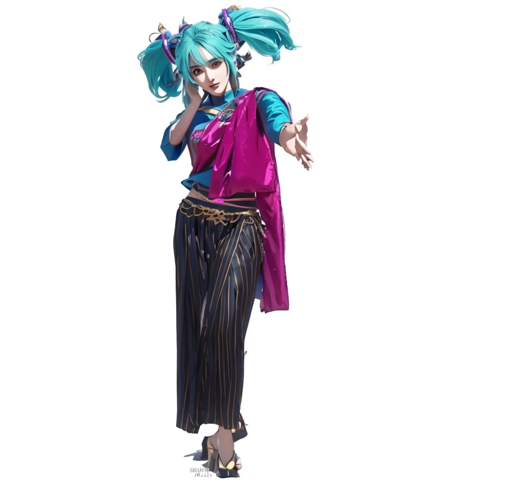 ((Masterpiece)), (best quality), (very detailed), ((very detailed)), 4k, (8k),1 girl,Hatsune Miku,  there is a woman in a costume that is standing up, tai costume, beautiful genie girl, miku, jinx from arcane, , hatsune miku cosplay, jinx from league of legends, high quality costume, inka harpy girl, high quality theatre costume, maya ali as a wind sorcerer, hatsune miku, anime cosplay, costume