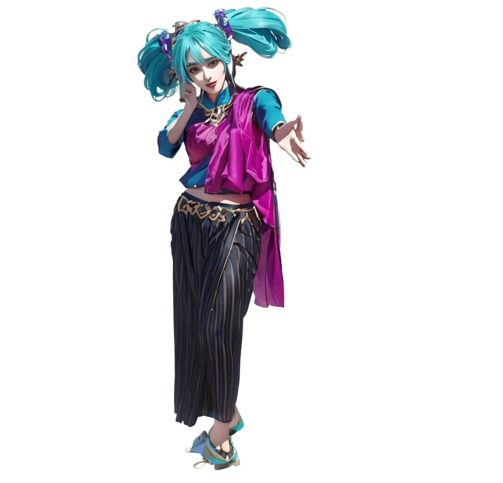 ((Masterpiece)), (best quality), (very detailed), ((very detailed)), 4k, (8k),1 girl,Hatsune Miku,  there is a woman in a costume that is standing up, tai costume, beautiful genie girl, miku, jinx from arcane, , hatsune miku cosplay, jinx from league of legends, high quality costume, inka harpy girl, high quality theatre costume, maya ali as a wind sorcerer, hatsune miku, anime cosplay, costume