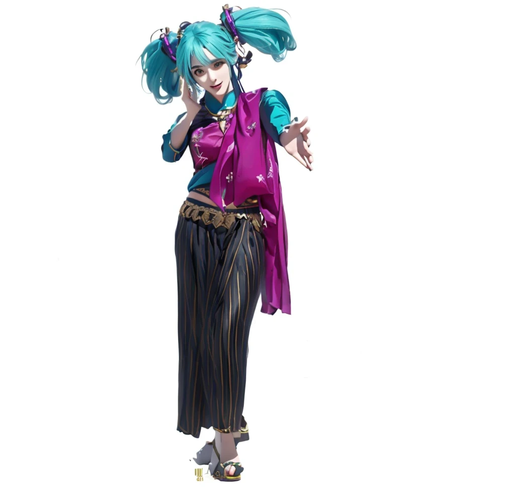((Masterpiece)), (best quality), (very detailed), ((very detailed)), 4k, (8k),1 girl,Hatsune Miku, there is a woman in a costume that is standing up, tai costume, beautiful genie girl, miku, jinx from arcane, , hatsune miku cosplay, jinx from league of legends, high quality costume, inka harpy girl, high quality theatre costume, maya ali as a wind sorcerer, hatsune miku, anime cosplay, costume