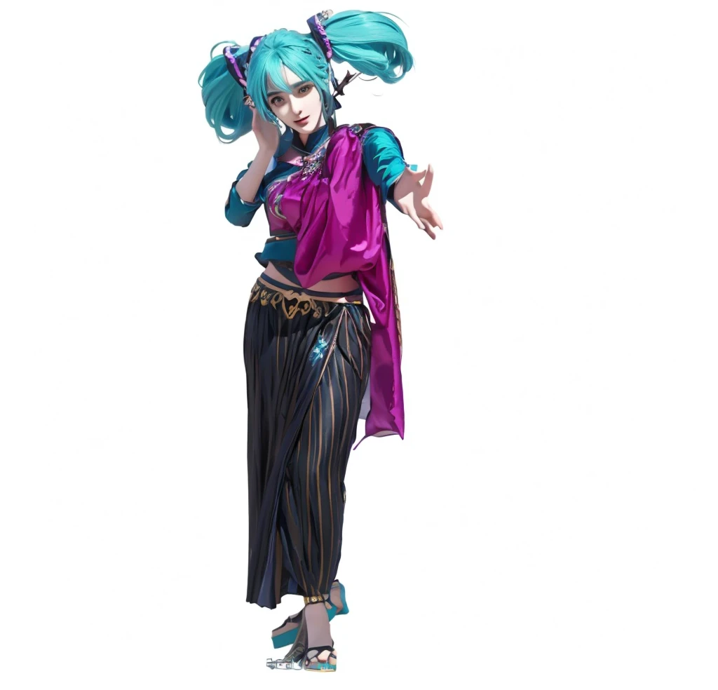 ((Masterpiece)), (best quality), (very detailed), ((very detailed)), 4k, (8k),1 girl,Hatsune Miku,  there is a woman in a costume that is standing up, tai costume, beautiful genie girl, miku, jinx from arcane, , hatsune miku cosplay, jinx from league of legends, high quality costume, inka harpy girl, high quality theatre costume, maya ali as a wind sorcerer, hatsune miku, anime cosplay, costume