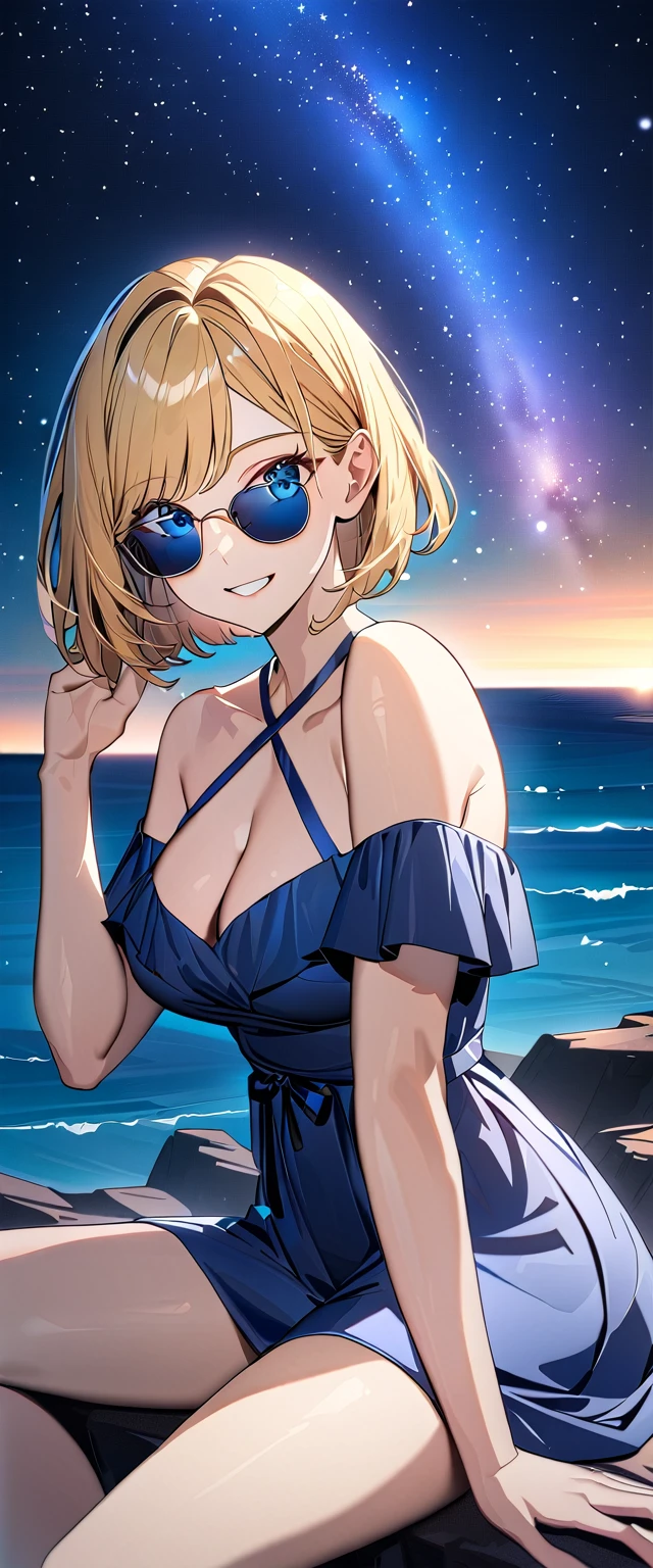 ((grin)), ((plunging neckline dress:1.3)), ((sundress)), ((off shoulders, Quite thick shoulder straps)), ((blond hair, bob cut:1.3)), ((sunglasses, hand to sunglasses)), (((from side))), ((((upper body)))), bare legs, (((A night sky stretching under a full moon, stars shining and reflecting on the sea surface))), ((sitting on the very high cliff)), wavy hair, inward curled hair, ((sea, nature)), breasts, ager, (looking at viewer), collarbone, head tilt:1.3, (((blue eyes))), happy smile, (((anime style))), (best quality, 4K, 8K, highres, masterpiece:1.2, ultra-detailed, ultra-detailed eyes, HDR, uhd, studio lighting, ultra-fine painting, sharp focus, physically-based rendering, extreme detail description, professional, vivid colors, bokeh)
