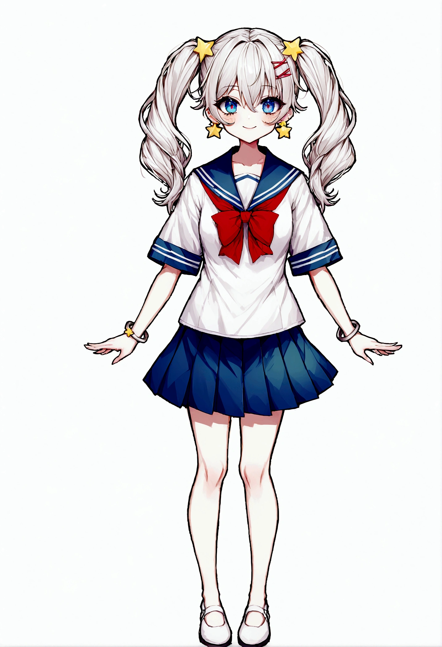 (vtubermodel:1.2) fullbody, 1girl, with straight gray hair color rgb(217, 210, 210) with faint blue and pink sheen at the tips, twin-tails about 10cm long, and deep blue eyes, smiling, (Japanese high school uniform:1) or (sailor suit:1) with subtle Ruri green accents, white flat shoes with star decorations, fluffy star-shaped hair clip, silver bracelet with star charms, small star-shaped earrings, high quality, extra detailed, rendered, sharp face, symmetrical, facing viewer, A-pose, (white background:1.5), looking at viewer
