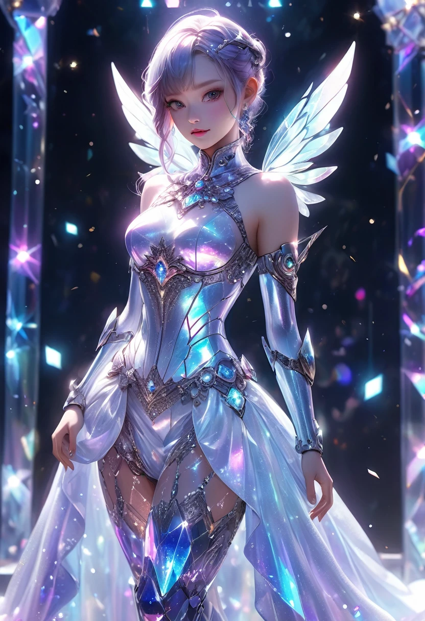 crystal covered, (Full body :1.3), alternate color, masterpiece, detailed illustration, realistic, pixiv top quality, exquisite, {{{kawaii 1girl}}}, ultra beauties who fuse with machines, glitter beautiful female, Half of my body is made of machines, cinematic lighting, dynamic angle, dynamic pose, crystal world, depth of field,Shiny socks,Crystal stockings,Crystal high heels