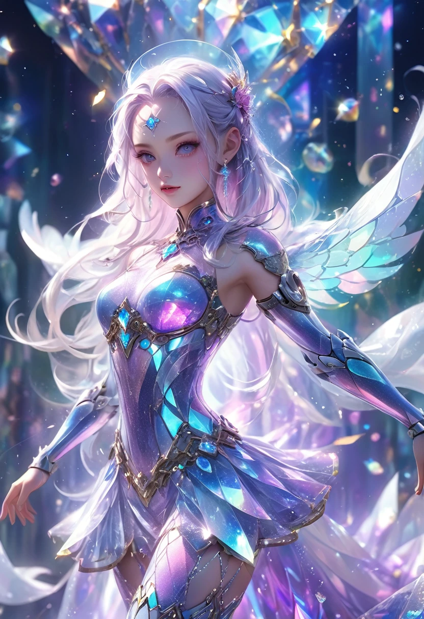 crystal covered, (Full body :1.3), alternate color, masterpiece, detailed illustration, realistic, pixiv top quality, exquisite, {{{kawaii 1girl}}}, ultra beauties who fuse with machines, glitter beautiful female, Half of my body is made of machines, cinematic lighting, dynamic angle, dynamic pose, crystal world, depth of field,Shiny socks,Crystal stockings,Crystal high heels