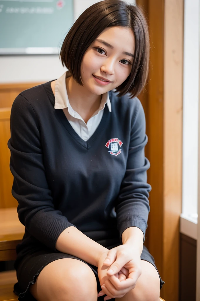 Highest quality, One beautiful woman, Super Short Hair, Golden Hair, , A shy smile, sunlight, uniform、high school student