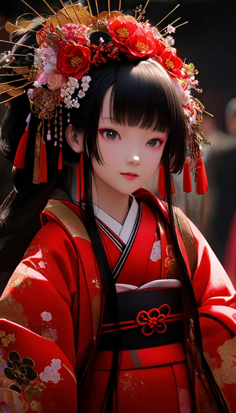 A -yeld press wearing a red kimono and a flower crown, Traditional Japanese, traditional geisha clothing, Japanese women, Wearing Imperial Kimono, japanese geisha, geisha photo portrait, female geisha girl, elegant Japanese women, Japanese Kimono, In kimono, Traditional beauty, Wearing kimono and armor, portrait of geisha, wearing a haori, geisha　She gets an old man&#39;s dick shoved in her pussy