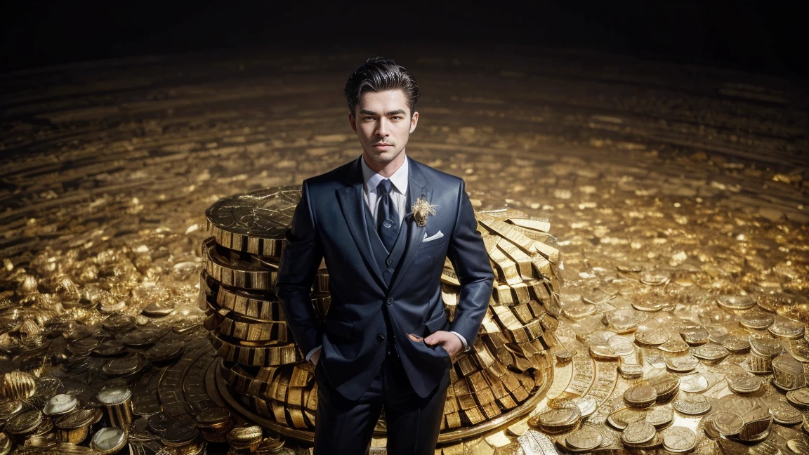 Wolf in a suit, Surrounded by a swirl of dollar bills and gold bars, Gold coins, Ultra-Realistic Images, Ultra-detailed skin, 8K images.