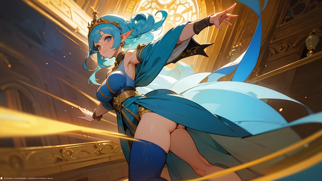 Anime Style,Nostalgic,Detailed background,The medieval world,A lively space with many people々A palace-like cave,A beautiful smiling bard elf with light blue hair,Large Breasts,Healthy thighs,Underarm,M-shaped legs