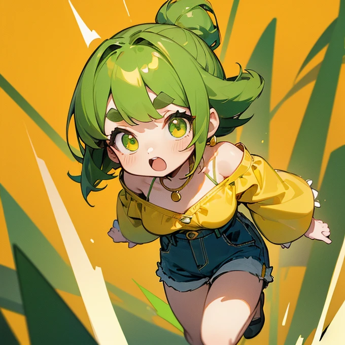 (masterpiece, Highest quality:1.2), (2 head body chibi character:1.1), Yellow-green hair, Chignon Hair, Top of the head, Yellow-green eyes, Yellow off-shoulder blouse, Denim shorts, Short bangs, Thick eyebrows, Round necklace, A lively atmosphere, running, I'm in a hurry, View your viewers, (Photo studio with blue background:1.0)