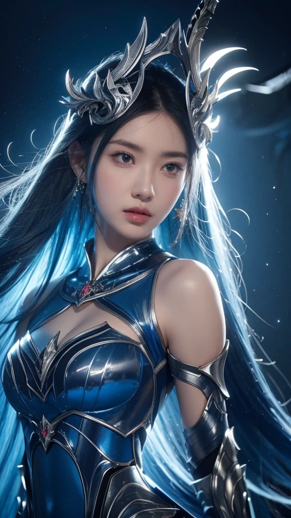 a close up of a woman in a silver and blue dress, chengwei pan on artstation, author:Yang Jie, detailed fantasy art, Stunning character art, Best Art Sites for Fan Art, Epic and beautiful character art, beautiful armor, Extremely detailed Artgerm, Detailed digital animation art, artgerm on artstation pixiv, Armor girl
