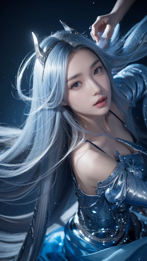 a close up of a woman in a silver and blue dress, chengwei pan on artstation, author:Yang Jie, detailed fantasy art, Stunning character art, Best Art Sites for Fan Art, Epic and beautiful character art, beautiful armor, Extremely detailed Artgerm, Detailed digital animation art, artgerm on artstation pixiv, Armor girl