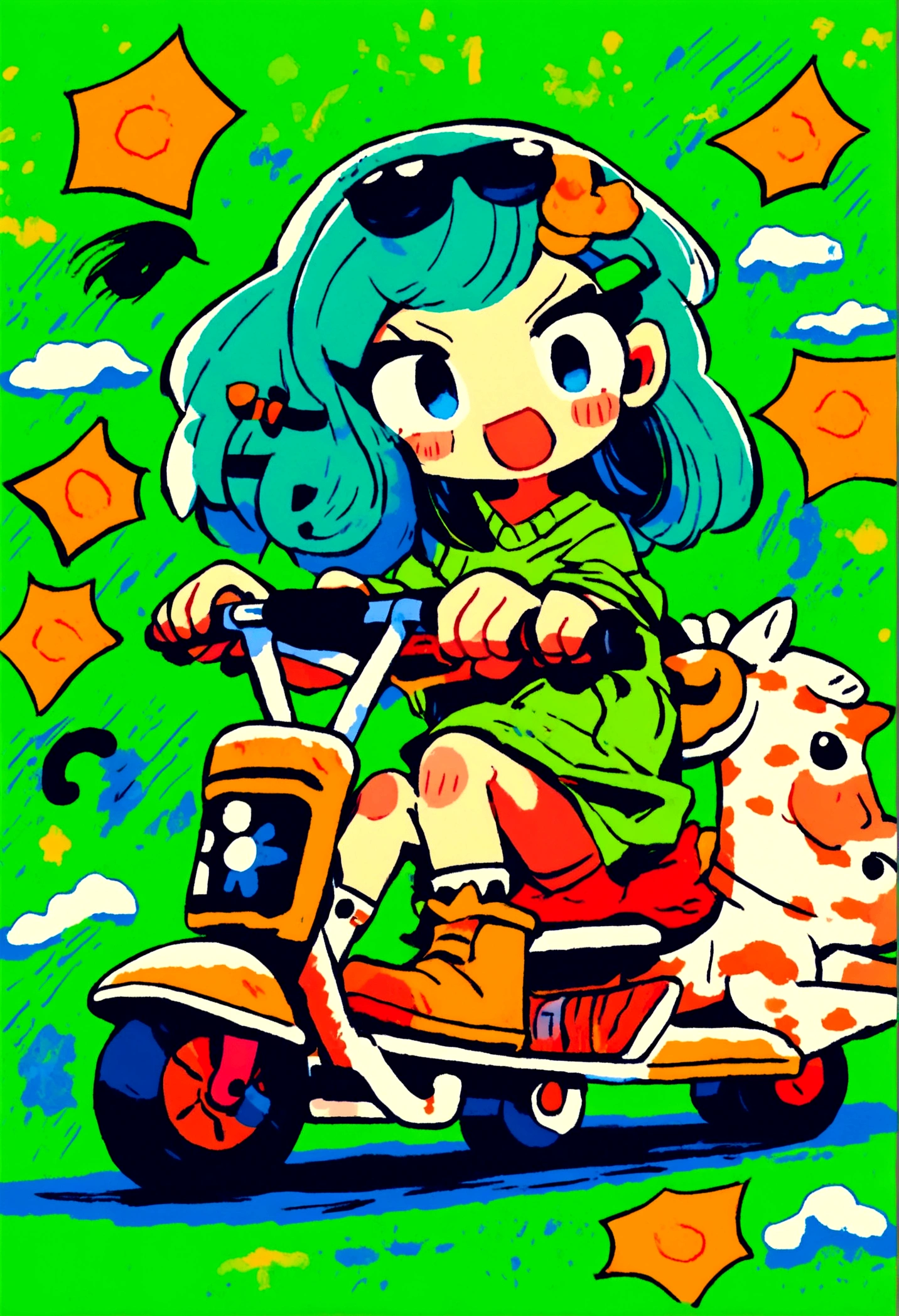 (lum:1.5), (solo:1.3), 1girl, tiny horns, riding a sci-fi motorcycle, smile, motor vehicle, skirt, riding, (score_9, score_8_up, score_7_up), masterpiece, best quality, absurdres, unity, 8k, wallpaper, hi res, highly detailed face, highly detailed eyes, blue eyes, perfect ???????, super detailed skin, (outdoors, beach, seaside, beautiful landscape, island, 1980s style, anime style, (full body), (dynamic angle, dynamic pose:1.3), (flying:1.3), floating in air, floating under seabeach, animal print, strapless_bikini, breasts, (intricate details:1.4), cleavage, large breasts, (two-tone hair, green hair, black hair:1.1), floating hair, groin, small horns, (cowboy shot), looking at viewer, navel, print bikini, swimsuit, tiger print, tiger stripes, (electrokinetic, electricity:1.3), 1girl, lightning shooting from hands, epic fantasy scene, dark ominous clouds, dramatic lighting, detailed facial features, high quality, cinematic composition, dramatic atmosphere, digital art, concept art, 8k, ultra-detailed, professional rendering, dramatic color palette, dynamic pose, cute doodle,