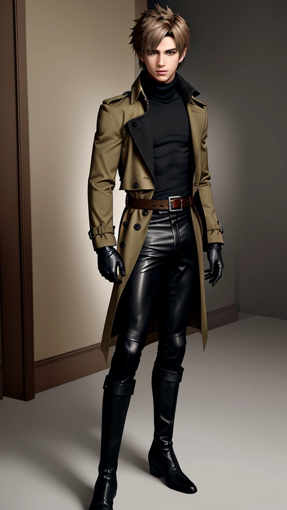 Final fantasy taste and reality graphics, Japanese young cute and cool ikemen boy, his age is early 20s, thin eyebrows and beady eyes, he wearing raw sienna color double brest thick trench coat with waist belt,
Must tighten your belt, with epaulet, must close the front of the trench coat,,must collar fur is black, trench coat cloth the front, also wearing black thick turtleneck lackluster shirts, tight black leather pants, shiny black leather tight and thin glove, black leather knee-high raceup boots,must views head-to-toe,must views whole body, boy looks like fashion model,Do not show skin from the neck down,leather jacket leather glove and leather pants have few wrinkles,boy in the room,