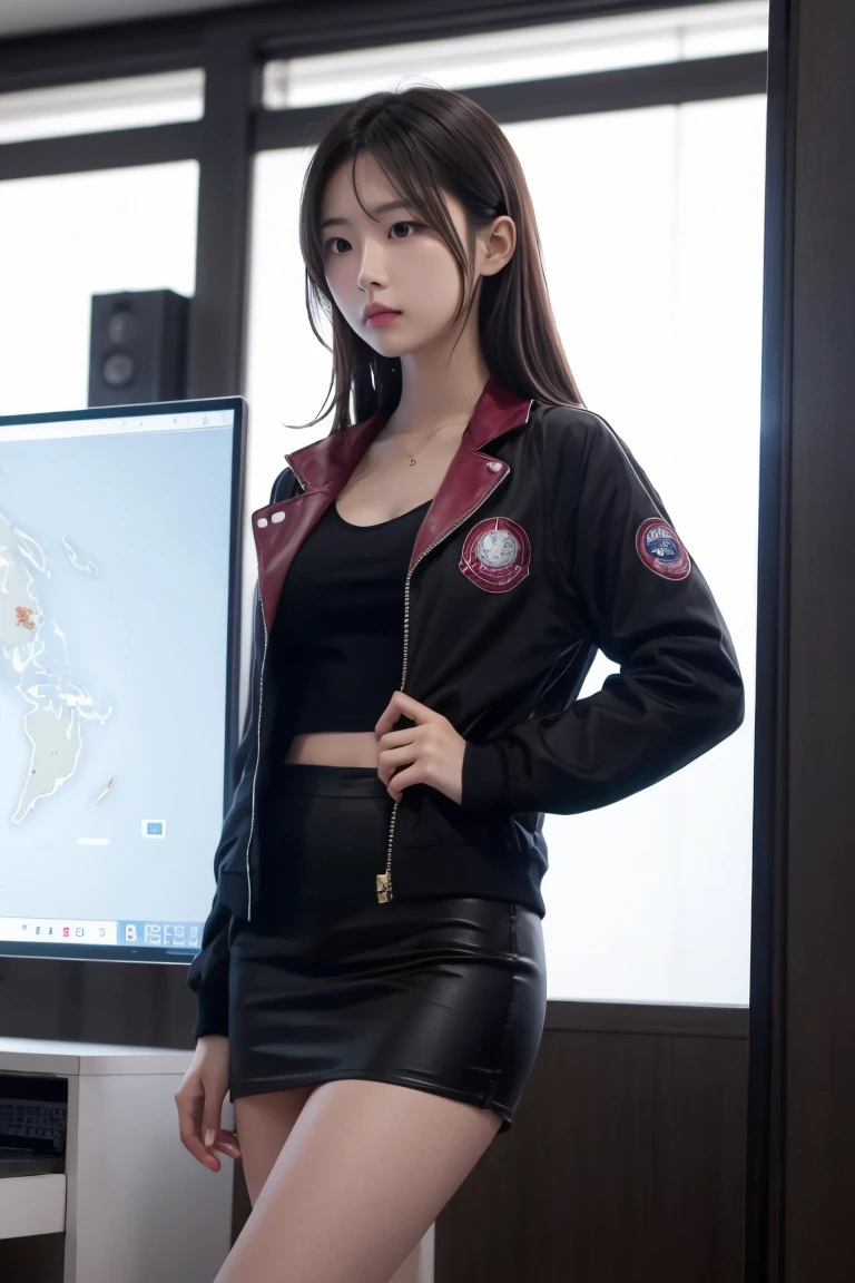 Create a detailed illustration of Misato Katsuragi from "Neon Genesis Evangelion." She should be depicted in her signature outfit, which includes a red jacket with the NERV logo on the shoulder, a black mini skirt, and a form-fitting purple shirt. Misato should have her characteristic long, dark hair flowing freely and her confident, determined expression. She should be holding a can of beer in one hand and her other hand on her hip, capturing her laid-back yet authoritative personality. The background should be the NERV command center, with computer screens, control panels, and a large monitor displaying a map or important data. The scene should convey a sense of urgency and high stakes, reflecting the intense environment she works in. Misato's posture and expression should show her readiness to take charge and handle any situation that arises.