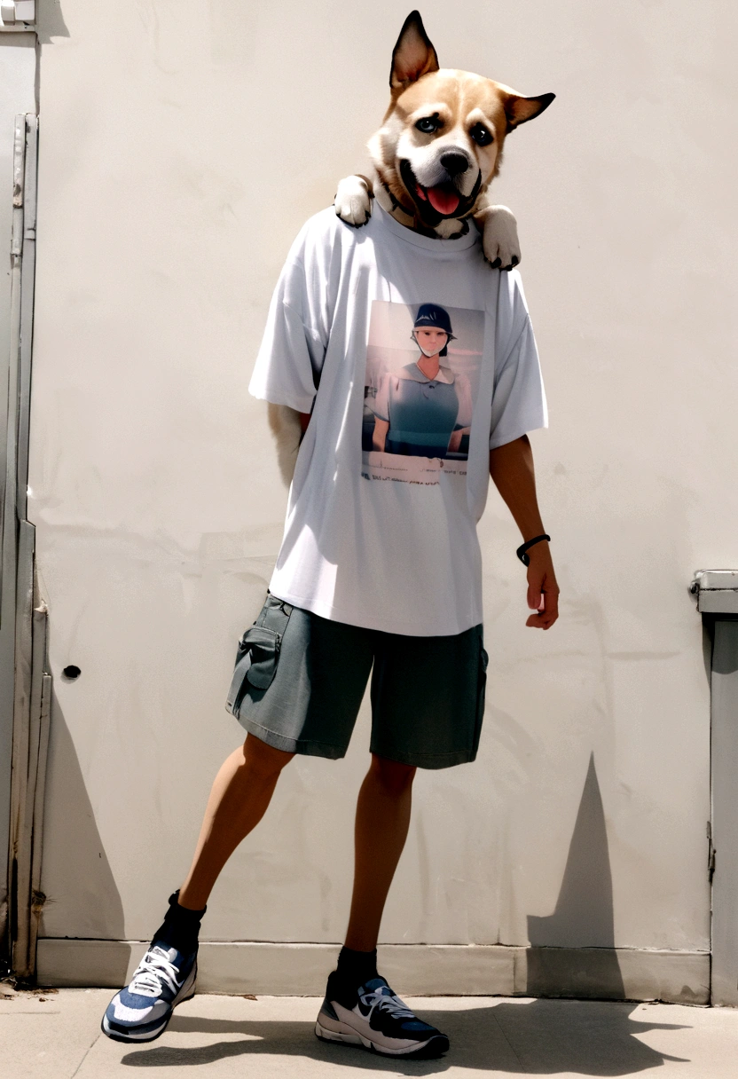 A photo of a dog character wearing a cool T-shirt、whole body、Real、