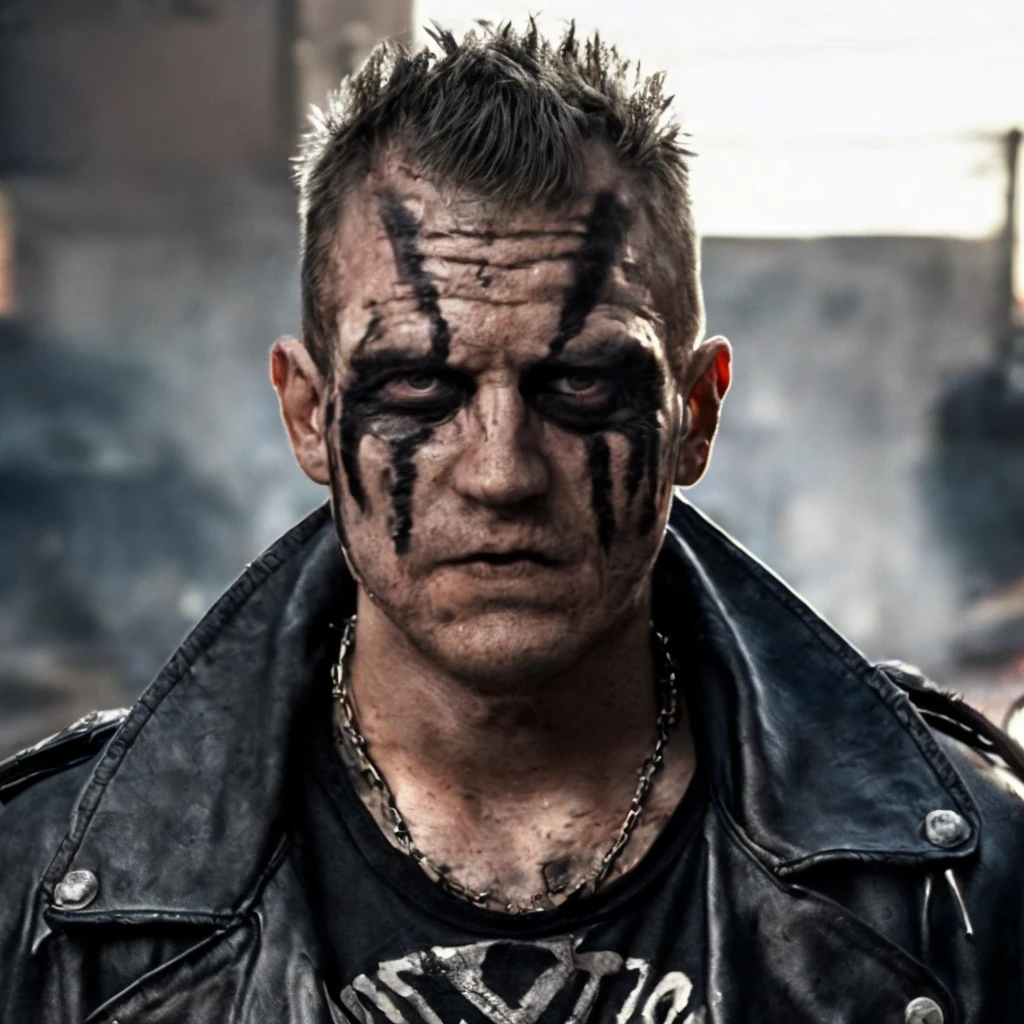 Prompt: (masterpiece)+, (extremely (realistic)+,a portrait of an extremely ugly Massive nazi-satanist post-apocalyptic raider punk. bad skin, dirty skin, dressed in a black leather jacket over bare chest and raider gear, makeshift outfit. Mad max. Raider. evil grin. Crazy stare. Front photo. Looking in camera. volumetrics dtx, Photorealistic, ultra detailed, Artstation trending, very very detailed, realistic shaded lighting, dynamic shadows, detailed Night riot streets background, upper body, professional photograph of a detailed skin, sharp focus, dramatic, award winning, cinematic lighting, octane render, unreal engine, volumetrics dtx, Photorealistic, ultra detailed, Artstation trending, very very detailed, hyperrealistic, fine details, realistic shaded lighting, dynamic shadows, Night riot streets background, add_detail:1, skin pores and wrinkles, details.,More Reasonable Details