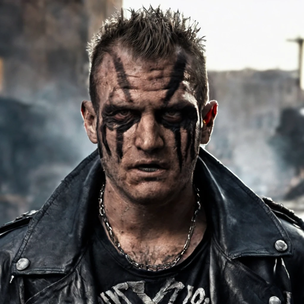 Prompt: (masterpiece)+, (extremely (realistic)+,a portrait of an extremely ugly Massive nazi-satanist post-apocalyptic raider punk. bad skin, dirty skin, dressed in a black leather jacket over bare chest and raider gear, makeshift outfit. Mad max. Raider. evil grin. Crazy stare. Front photo. Looking in camera. volumetrics dtx, Photorealistic, ultra detailed, Artstation trending, very very detailed, realistic shaded lighting, dynamic shadows, detailed Night riot streets background, upper body, professional photograph of a detailed skin, sharp focus, dramatic, award winning, cinematic lighting, octane render, unreal engine, volumetrics dtx, Photorealistic, ultra detailed, Artstation trending, very very detailed, hyperrealistic, fine details, realistic shaded lighting, dynamic shadows, Night riot streets background, add_detail:1, skin pores and wrinkles, details.,More Reasonable Details