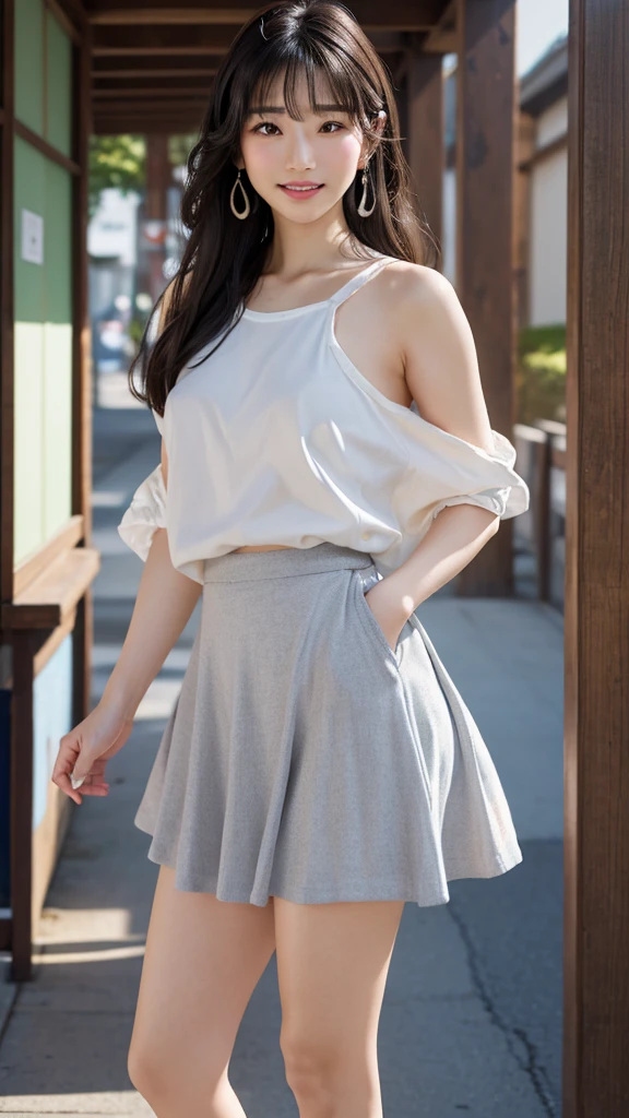 (((Big Breasts:1.52)))、((Viewing angle from below、Highest quality、masterpiece、32k、Every detail))、Descend the outdoor stairs、commute、Systemic symptoms、Very loose camisole、Pleated skirt、(((A strong wind blows my hair and skirt away:1.62)))、((Shoulder strap can be worn diagonally:1.83))((Extremely precise and accurate anatomy:1.0)), (photo Realistic:1.4), (hyper Realistic:1.4), (Highest qualityのRealisticな肌の質感:1.4), (Improvement of quality:1.4), (Enhances the beauty of skin texture:1.1), Clean and glowing skin, mesh, thin:1.2, (Realistic:1.3), Realisticなライティング, (Smoother lighting:1.05), (Improving the quality of cinema lighting:0.9), Backlight, A gentle light on your face, Ray Tracing, (Bright light:1.2), 32k, One Japanese woman, fine grain, Detailed face, (Film Grain:1.1),(Accentuates body lines:1.1), High resolution, Natural look, Kind eyes, Improves hair quality, Delicate light and shadow, 、One Girl, alone、(((mini skirt, No underwear:1.22)))、Big Breasts、barefoot, High heels