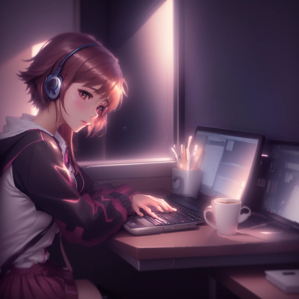 Anime girl sitting at a desk with headphones on and a laptop and a cup of coffee, 4k anime wallpaper, anime art wallpaper 4k, anime art wallpaper 4k, anime wallpaper 4k, anime wallpaper 4k, Anime Art Wallpapers 8K, Anime Style 4k, Anime Aesthetics, Lo-fi art style, Lo-fi Girl, Anime Background, Anime Girl Desktop Backgrounds, Outside, it's raining
