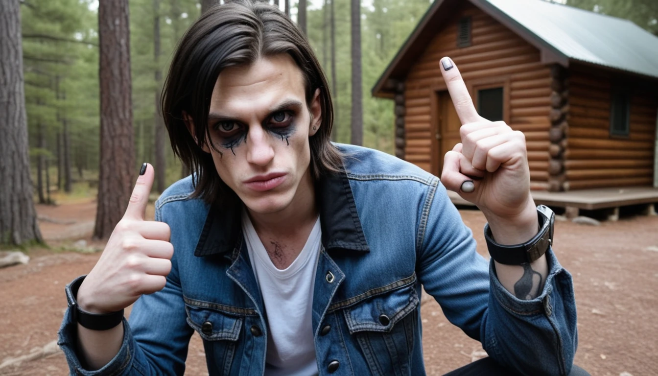 skinny man, grimdark, wearing a worn blue denim jacket and a white shirt underneath, jeans and black combat boots, with glassy eyes, half of your face burned completely, the other half of the normal face without any deformity, long dark hair, middle finger with a large, grotesque nail curved like a sickle, he is showing the finger in a fuck sign scary environment in the middle of the forest in front of a cabin that is illuminated by the light of the full moon.