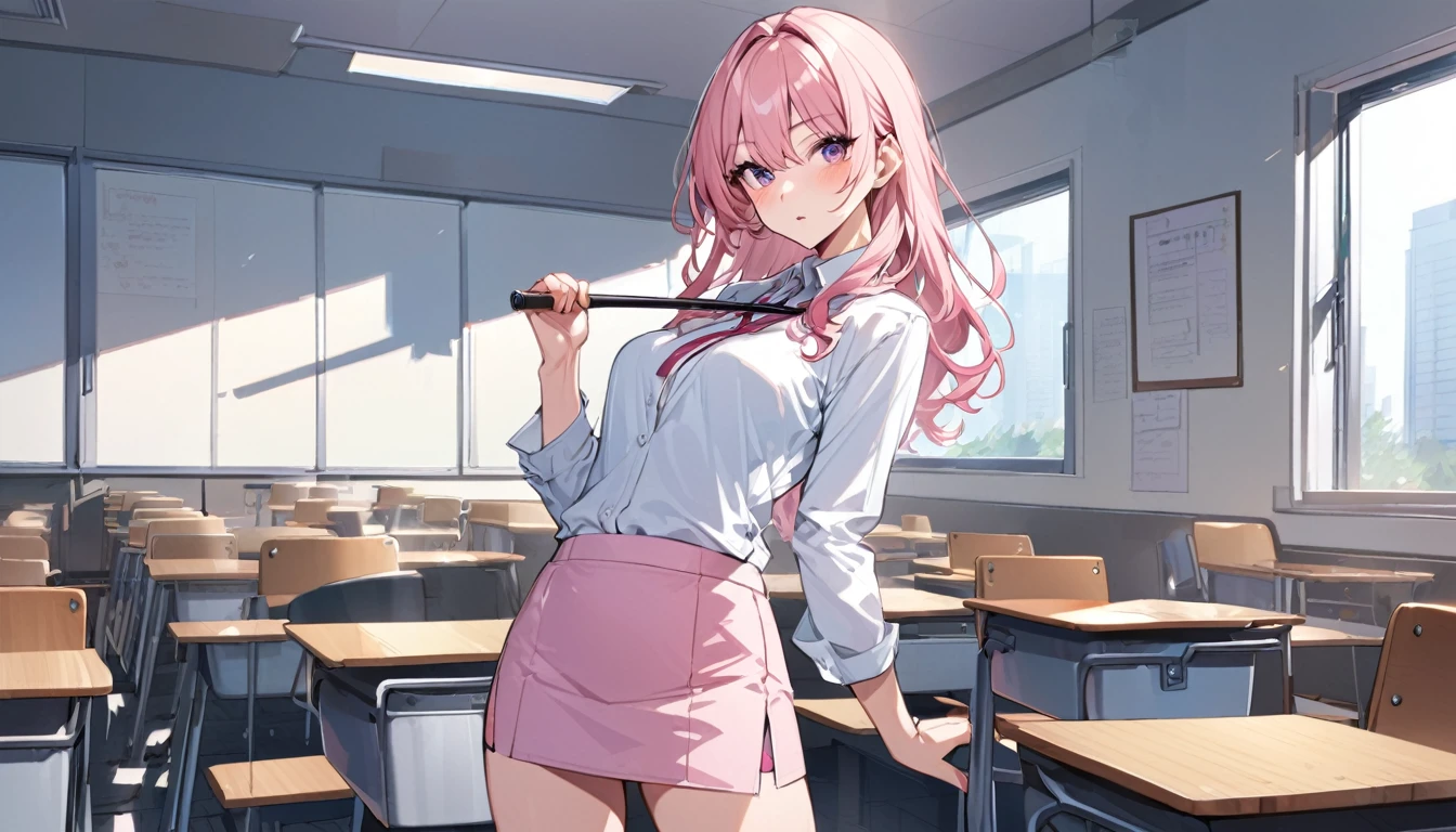Pink hip skirt,Beautiful female teacher,Good figure,Cane in hand,modern,classroom