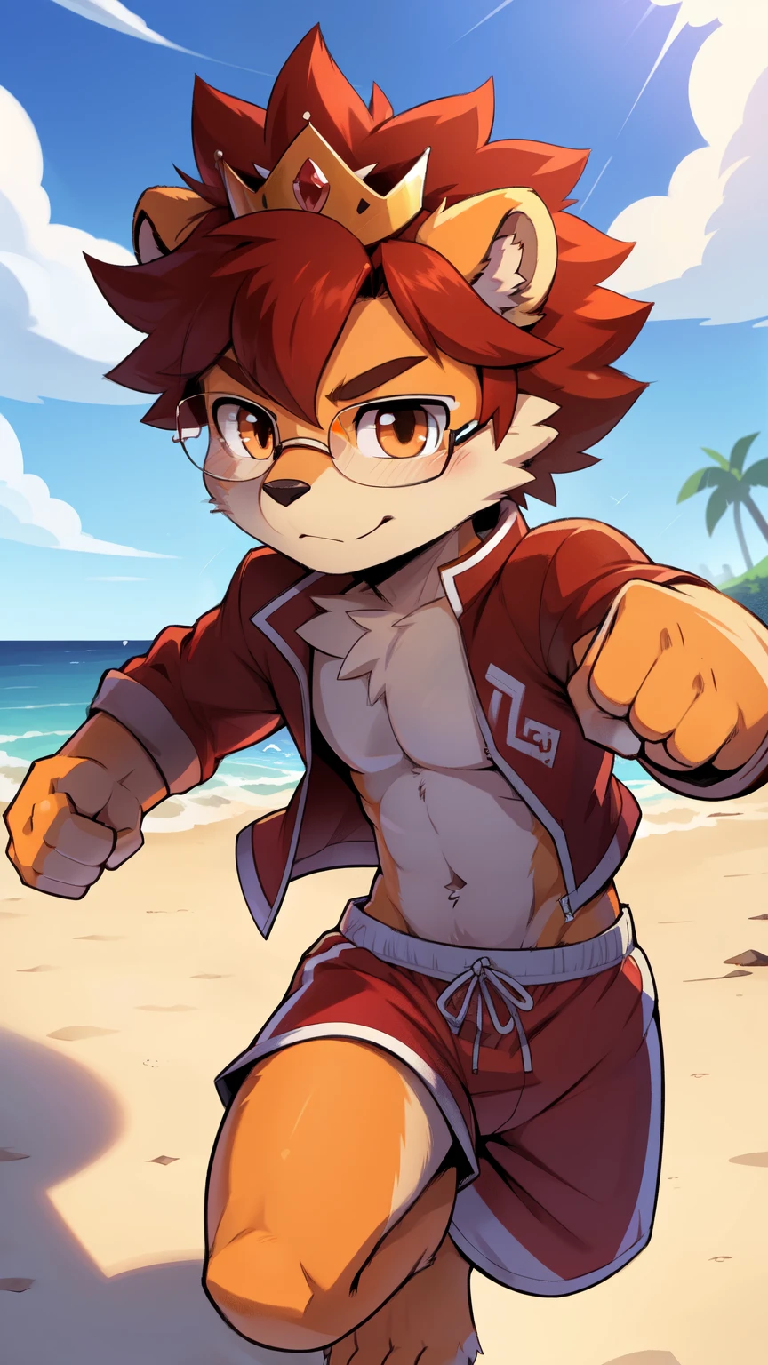 score_9,score_8_up,score_7_up, source_cartoon, source_furry, furry shota, lion, red hair, afro spiky hairstyle, orange eyes, detailed body fur, ((glasses, red jacket, open clothes, blue swim trunks, prince crown)), flat body, masterpiece, looking at you, two tone body fur, orange body fur, clear orange body fur, detailed face, big eyebrows, detailed eyes, detailed body, detailed hands, glistering body, perfect lighting, perfect shadows, perfect eyes, perfect hair, perfect face, gorgeous body, beach, clear sky, full body, feets with three toes, 3 toes, :3, ((fight, fist, punch, punch on viewer, punch, jump)), sassy face,