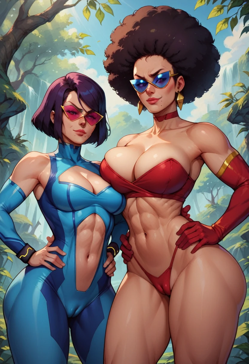2women, cleavage, in a rainforest, hands holding own hips, seductive smirk, big breasts, wide hips, big ass, masseuse outfit, Garnet,black afro,navel,standing,upper body,retro shades, curvy,smile,cameltoe,standing, toned, big lips, being groped by Samus Aran