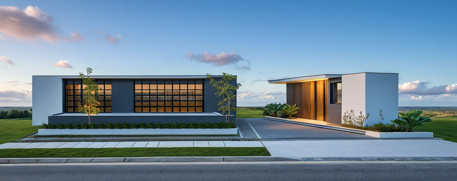 The modern gate features a sleek and minimalist design, sky, cloud, (daylight:1.1)